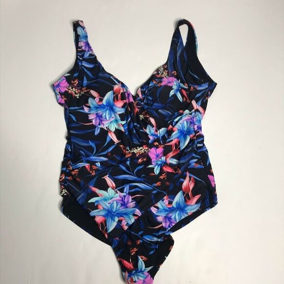Heat Tropical Floral Print One Piece SwimSuit Size XL Black Blue Flattering - Picture 1 of 6